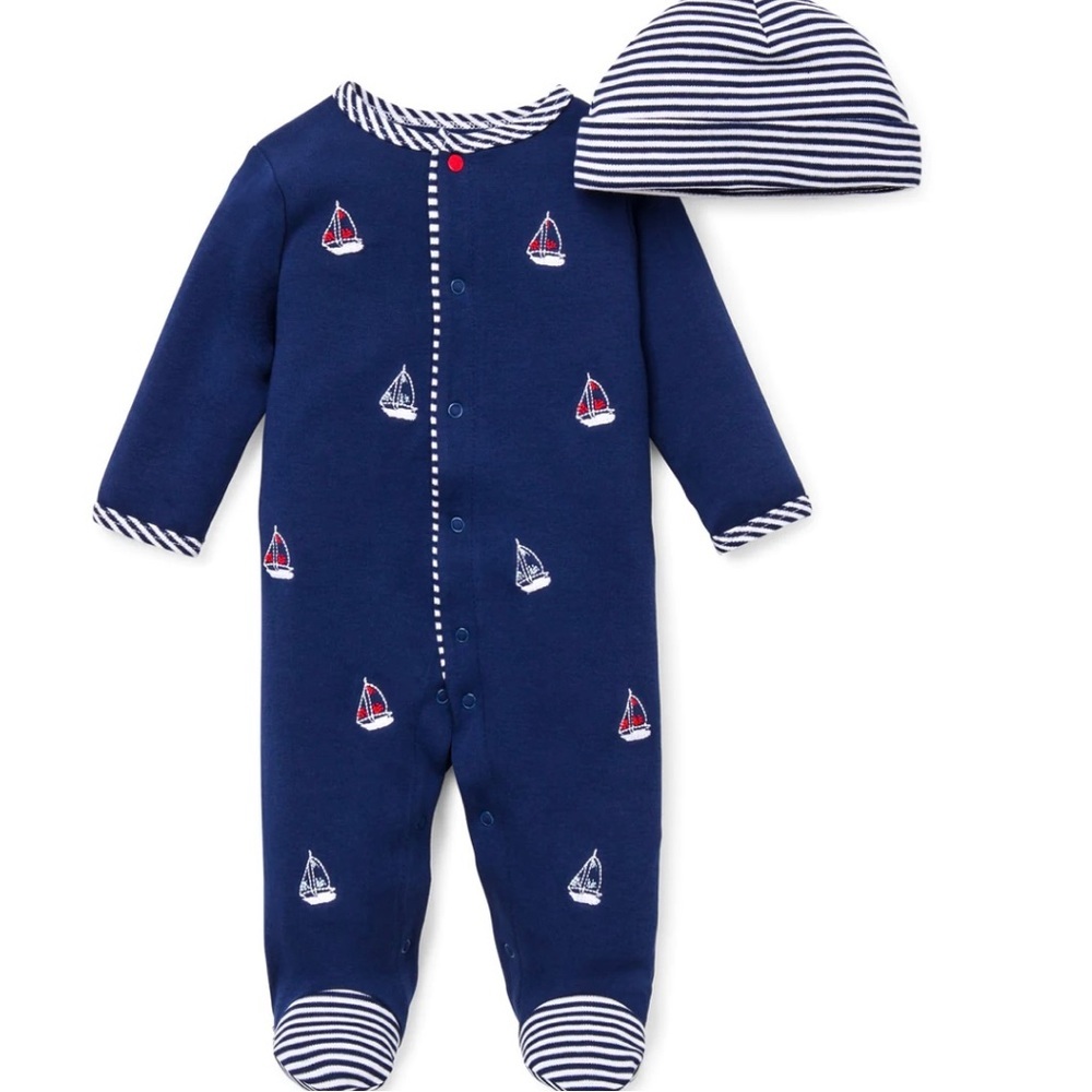 Little Me “Sailboats” Footed One-Piece and Coordinating Hat Set, Size 3M